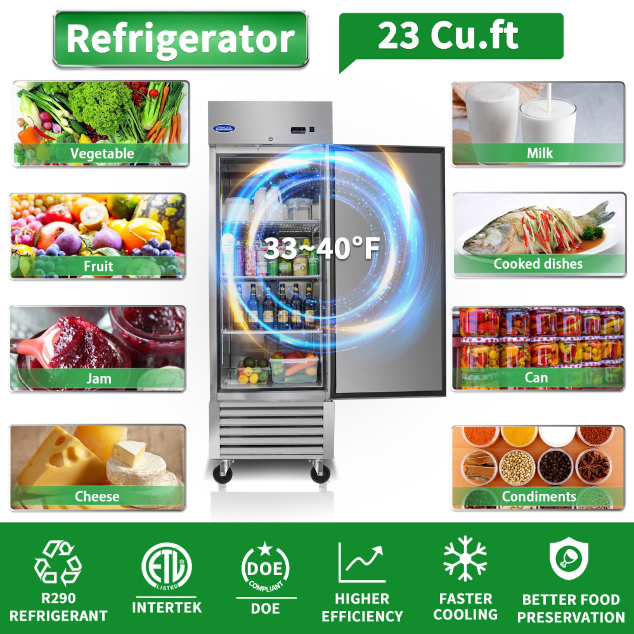 27" Commercial Refrigerator 23 Cu.ft with 1 Solid Door Reach-In Refrigerators Stainless Steel ETL Approved Upright Fridge Storage