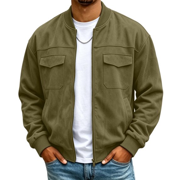 Suede Bomber Jacket Men Casual Zip Up Jackets with Pockets Fashion Stylish Lightweight Jackets