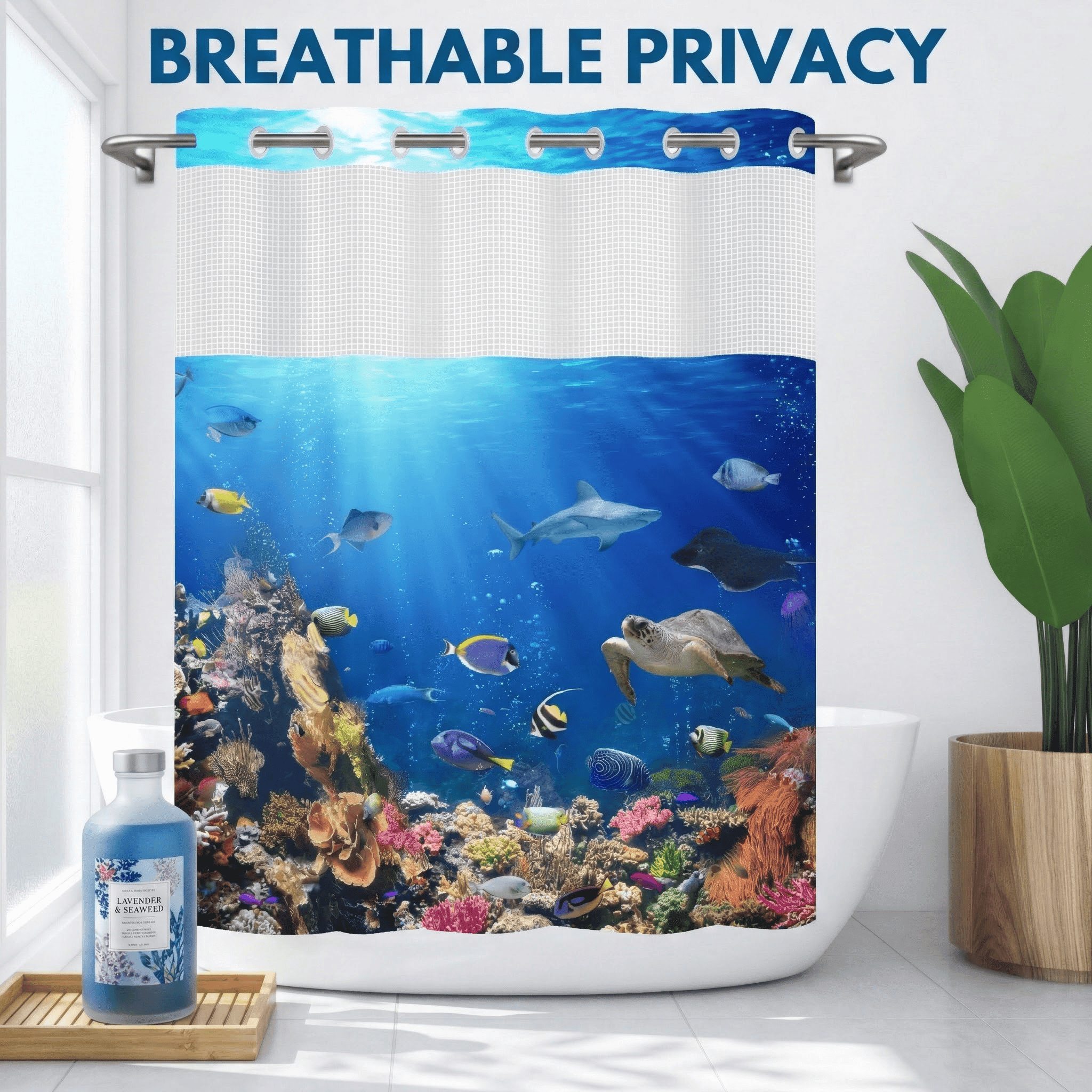 Goodbath No Hook Shower Curtain with Snap in Liner,Underwater Ocean World Sea Life Tropical Fish Turtle Coral Reef Fabric Shower Curtains, Double Layer, Mesh Top Window,71 x74 inches,Bright Blue