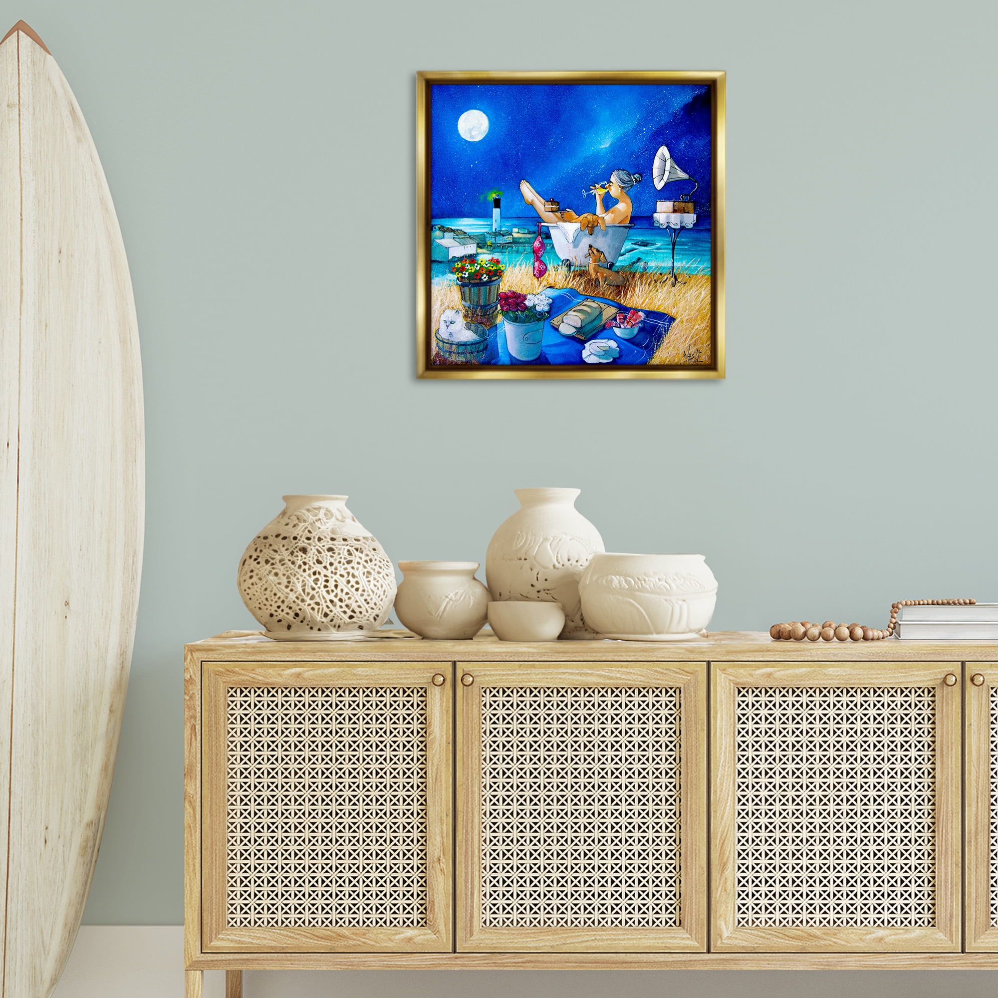 Stupell Industries Nighttime Bath by Sea Food & Beverage Painting Gold Floater Framed Canvas Art Print Wall Art, 25 x 25