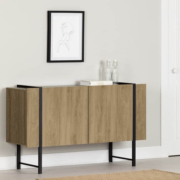 HomeStock Modern Marvel Kitchen And Dining Room Sideboard, 2 Door Sideboard in Light Walnut Finish, FLoor MOuntable - 53.5 x 17 x 32 inches