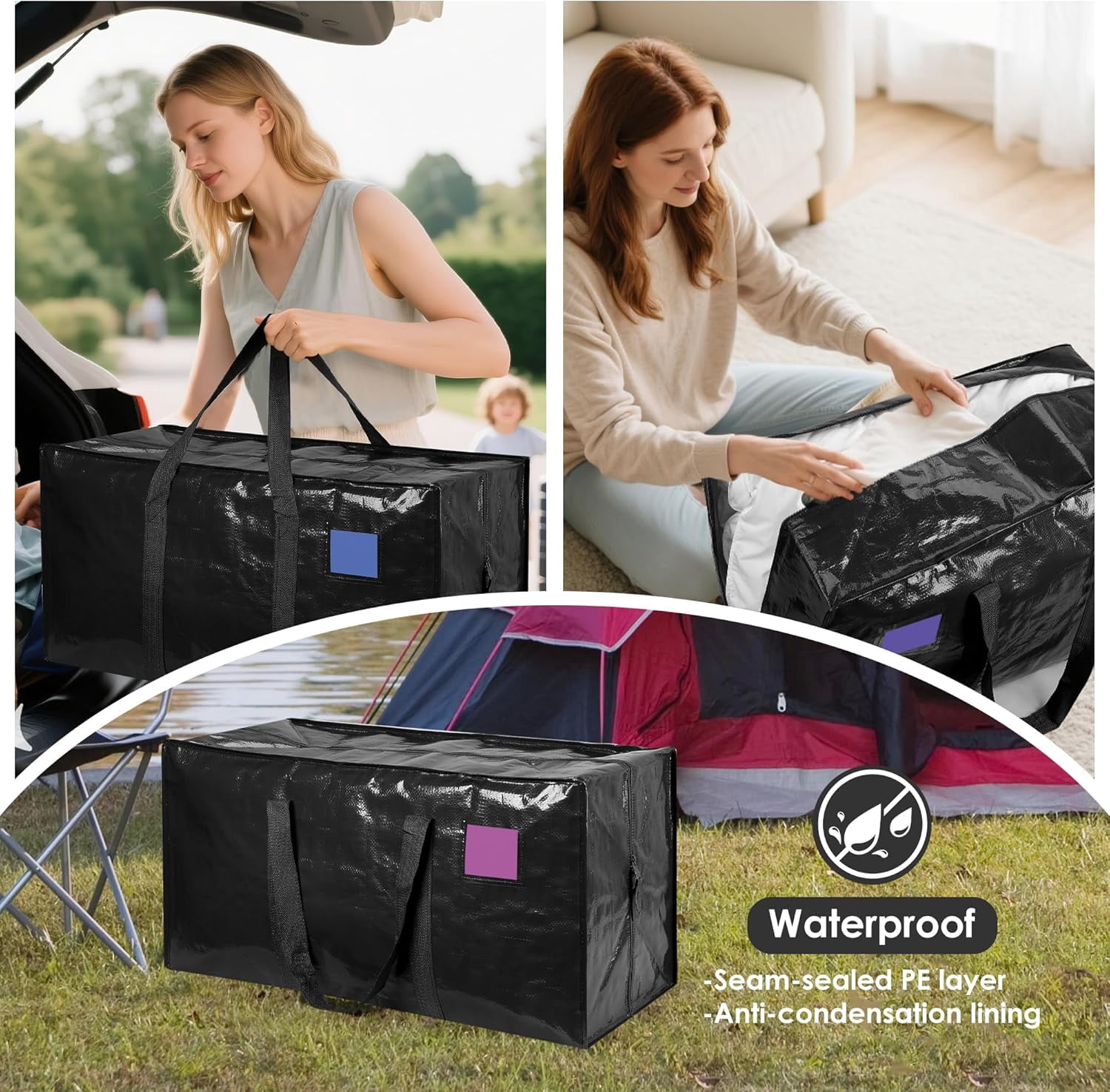 Extra Large Heavy Duty Moving Bags, 12 Pack with Reinforced Zipper & Wide Handles, Moisture-Resistant Storage Bins Packing Cubes for Clothes, College Dorm, Travel, and Home Organization, Dark Blue