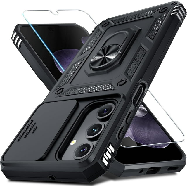 KOMI compatible with Samsung Galaxy A16 5G case in black, designed with a built-in slide camera lens cover, screen protector, and finger ring holder kickstand. This heavy-duty, military-grade shockproof phone case offers dual-layer protection with a TPU bumper and hard PC back, raised lips for enhanced camera and screen safety, and a textured anti-slip surface. The metal kickstand supports 360° rotation and 120° flip for hands-free viewing, while the sliding camera cover ensures smooth operation and security. Wireless charging is not supported due to the metal ring holder.