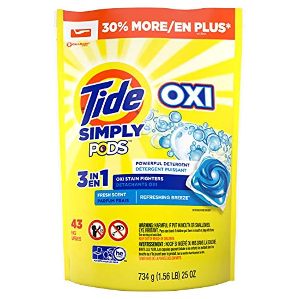 Tide Simply PODS +Oxi Liquid Laundry Detergent Pacs, Refreshing Breeze, 43 Pac Capsules,25 Ounces