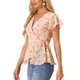 thumbnail image 4 of INSPIRE CHIC Women's Wrap Tops Floral Print V Neck Short Sleeve Tie Waist Peplum Blouses XS Pink, 4 of 6