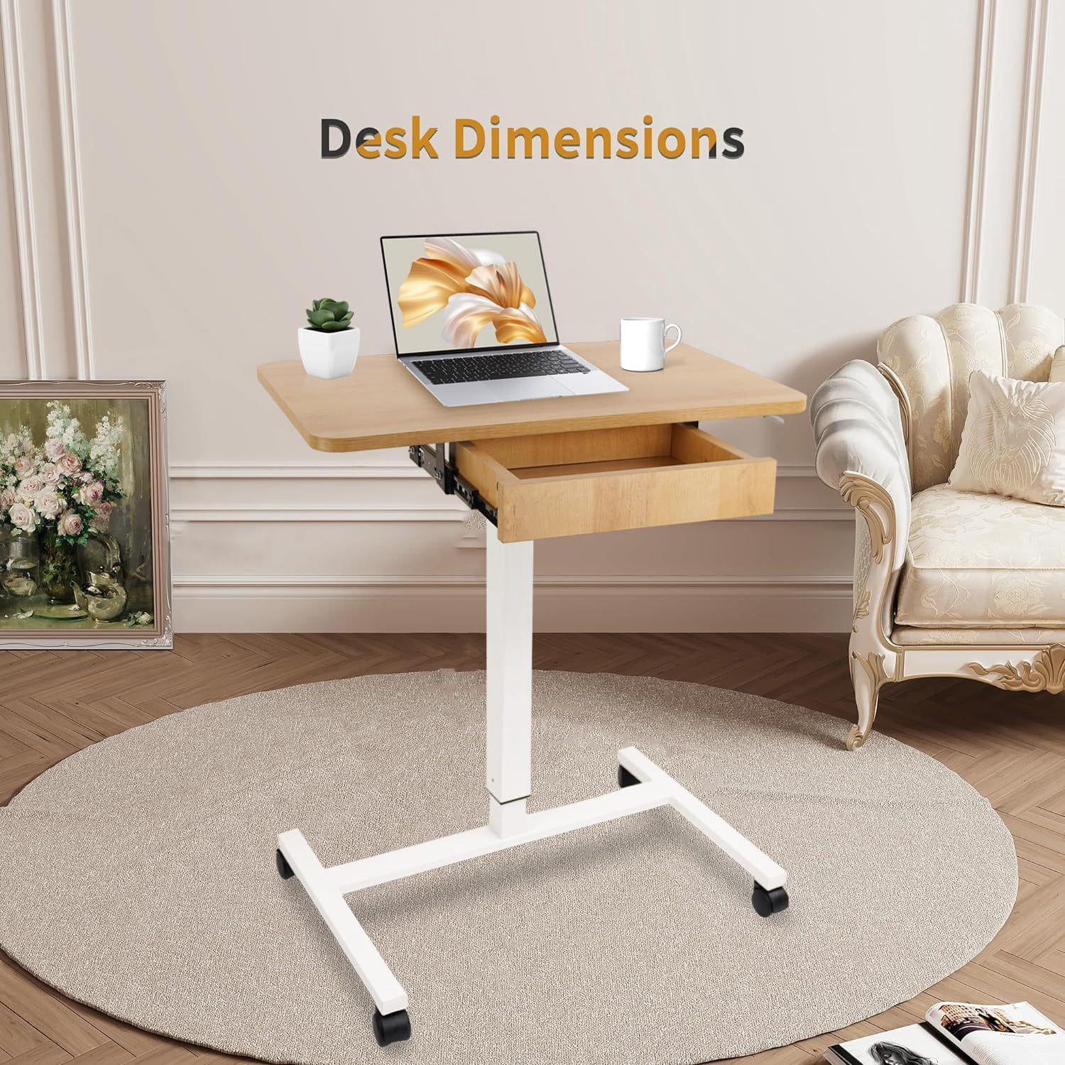 CLATINA Mobile Laptop Standing Desk, Height Adjustable Teacher Podium with Lockable Wheels, Adjustable Work Table with Drawer, Computer Cart Overbed Table for Home Office Classroom, Beige