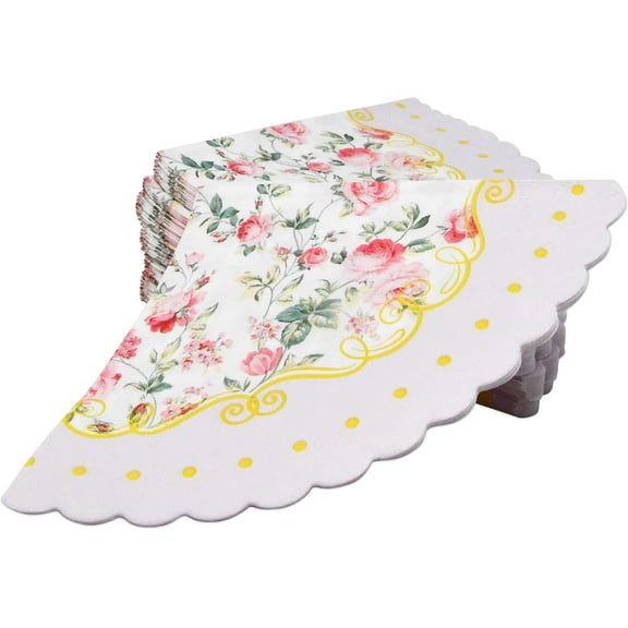 100 Count Floral Tea Party Napkins Disposable Paper Vintage Flower Cocktail Napkin Gold Scalloped Birthday Bridal Baby Shower Wedding Supplies Decorations
