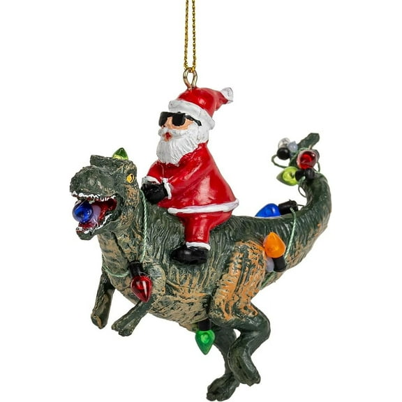 Santa Claus Riding a T Rex Dinosaur Wrapped in Lights Christmas Ornament for Kids