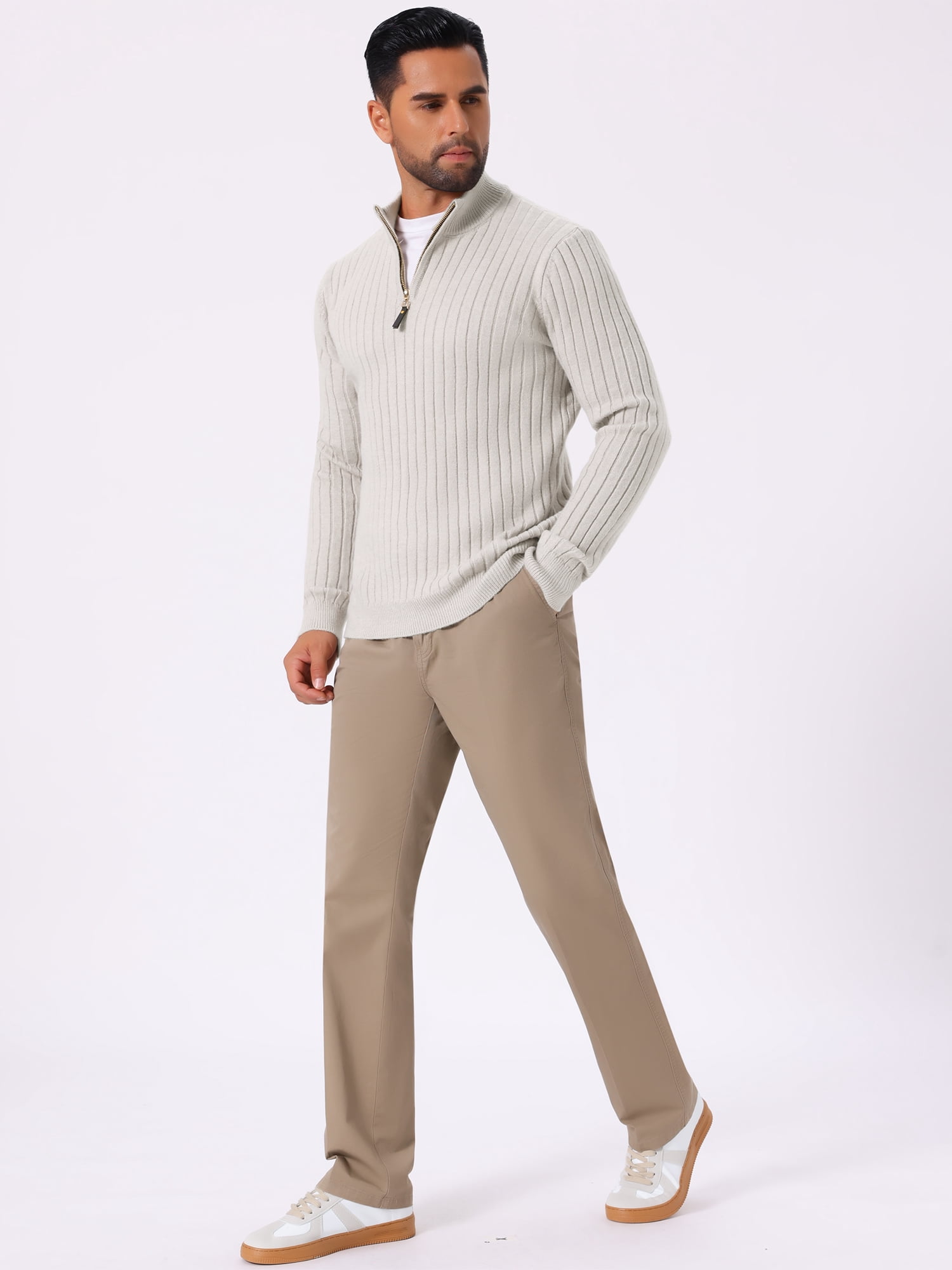 DARING DIVA Men's Casual Pullover Knitted Mock Neck Polo Sweater S Light Gray