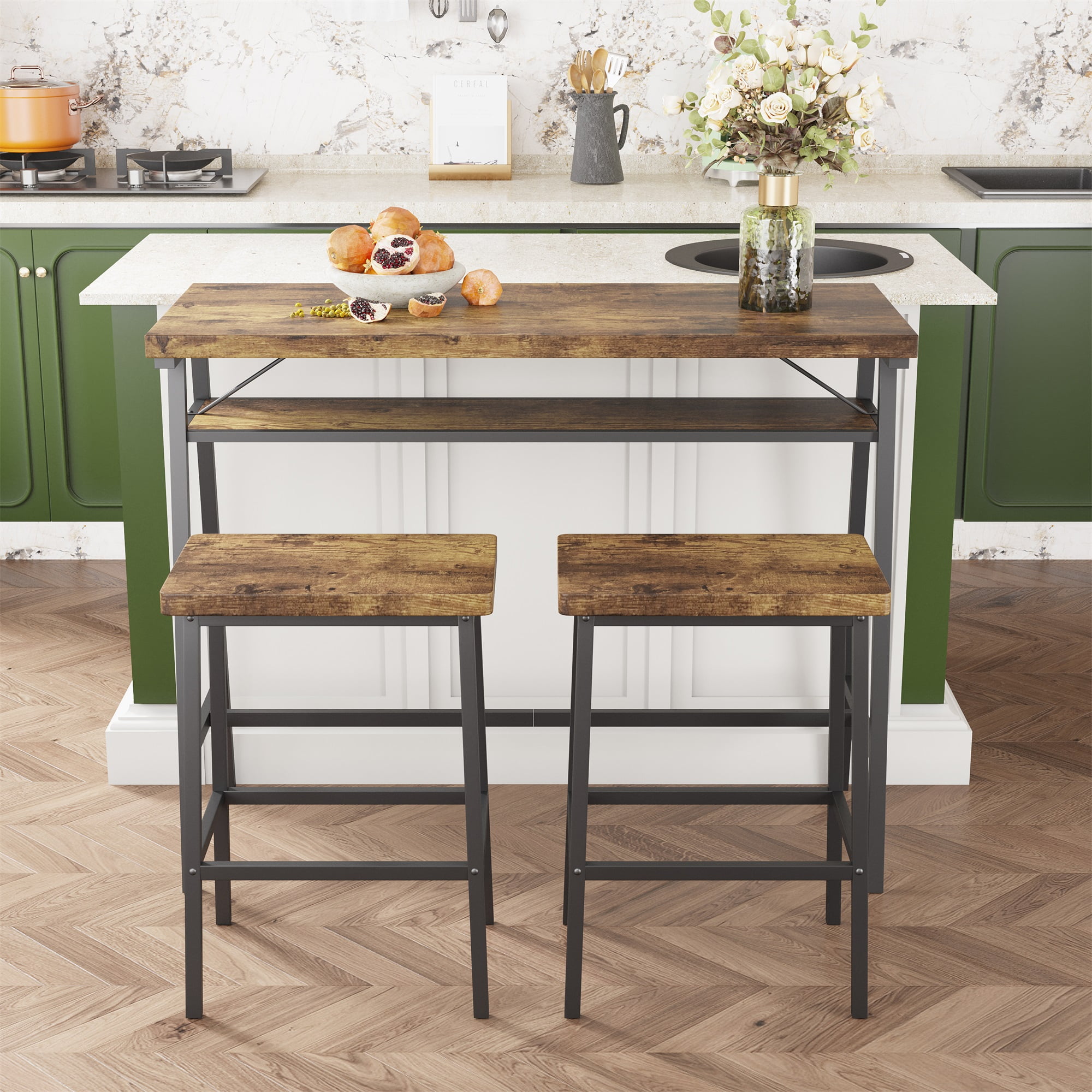 Resenkos 3 Piece Counter Height Bar Table Set with 2 Stool, Kitchen Dining Room Pub Breakfast Table and Chairs Furniture Set, Brown Resenkos 3 Piece Counter Height Bar Table Set with 2 Stool, Kitchen Dining Room Pub Breakfast Table and Chairs Furniture Set, Brown