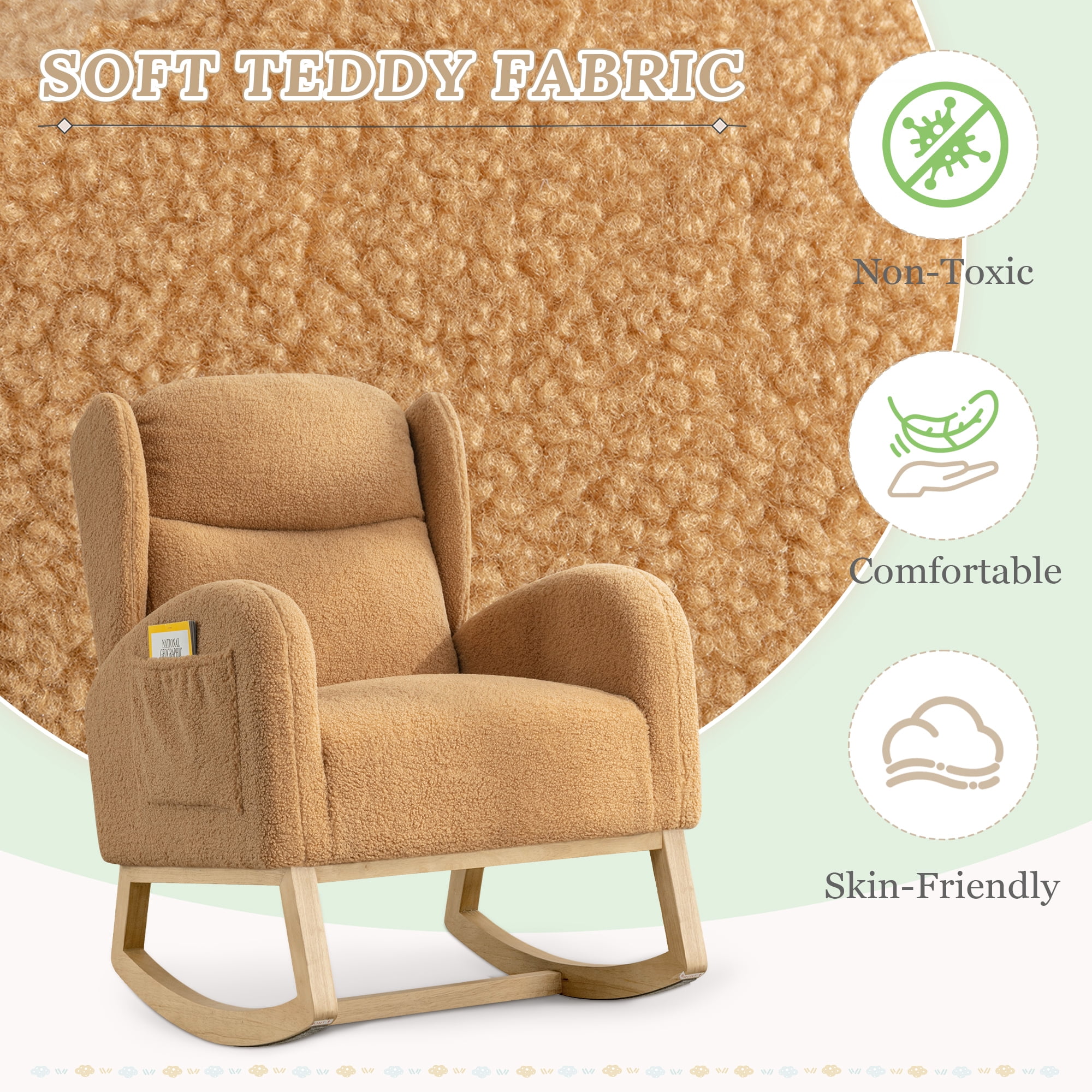 Muumblus Nursery Rocking Chair, Wingback Glider Rocker, Indoor Uphlostered Rocking Chair, Khaki Teddy
