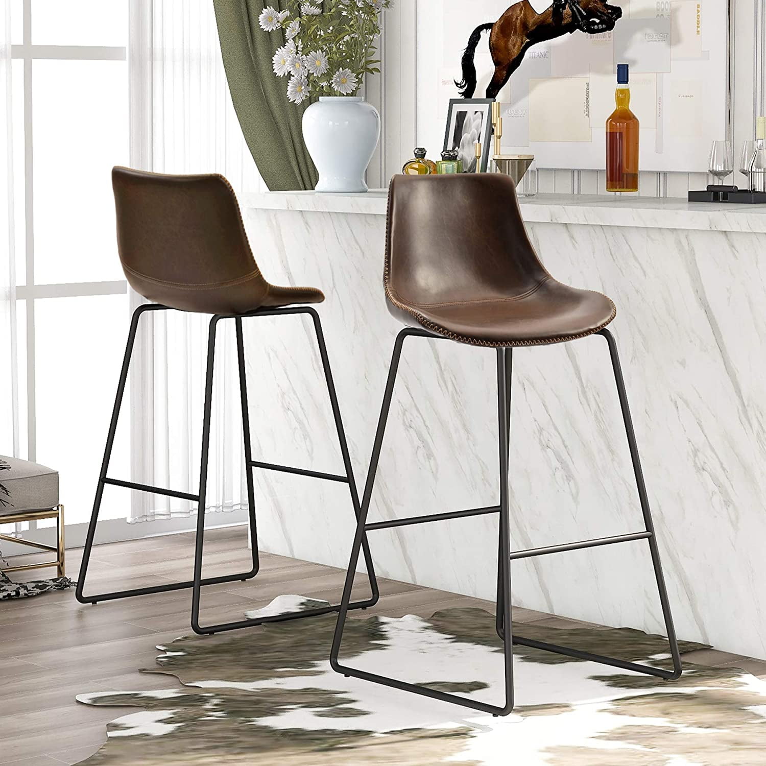 Set of 2 Bar Stools Leather Vintage Barstools with Back and Footrest