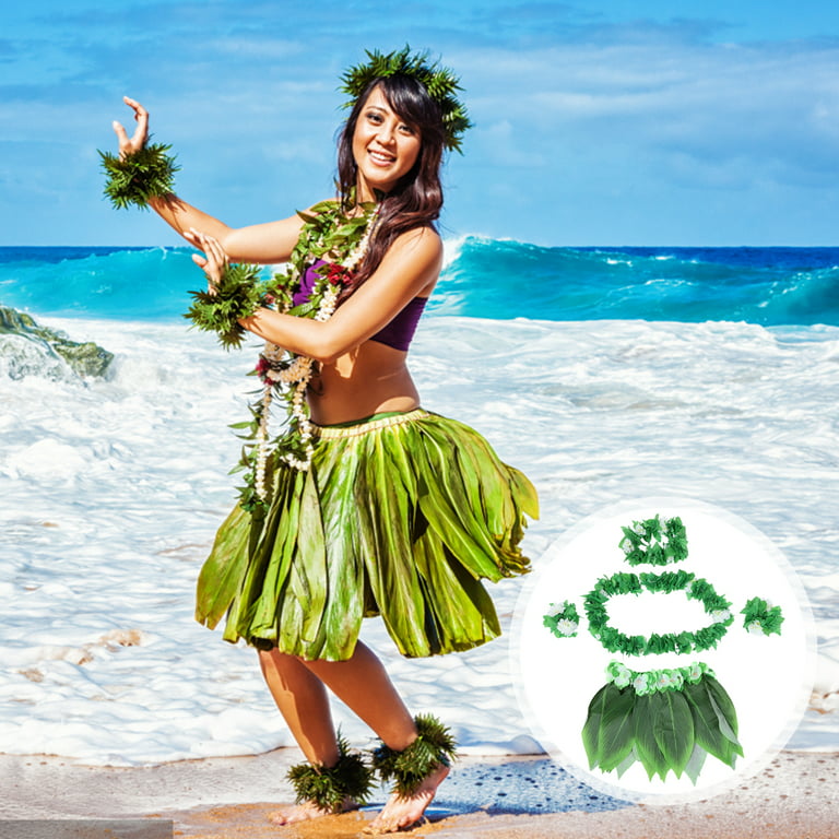 5pcs Hula Skirt Hawaiian Costume Set with Green Leaves Necklace Bracelets  Headband Luau Party Favors for Beach Luau Party Supplies(Adults) 