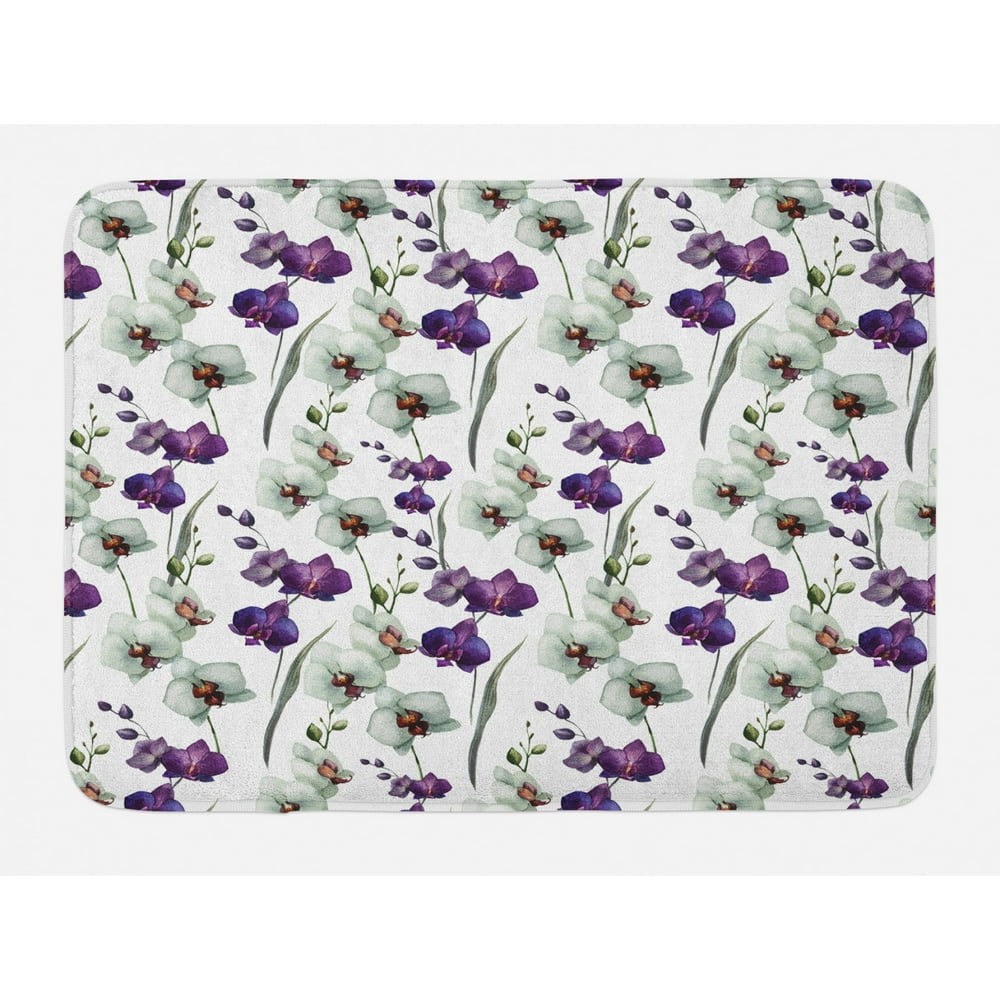 Watercolor Flower Bath Mat, Wild Orchid Family Flowerpot Plants with