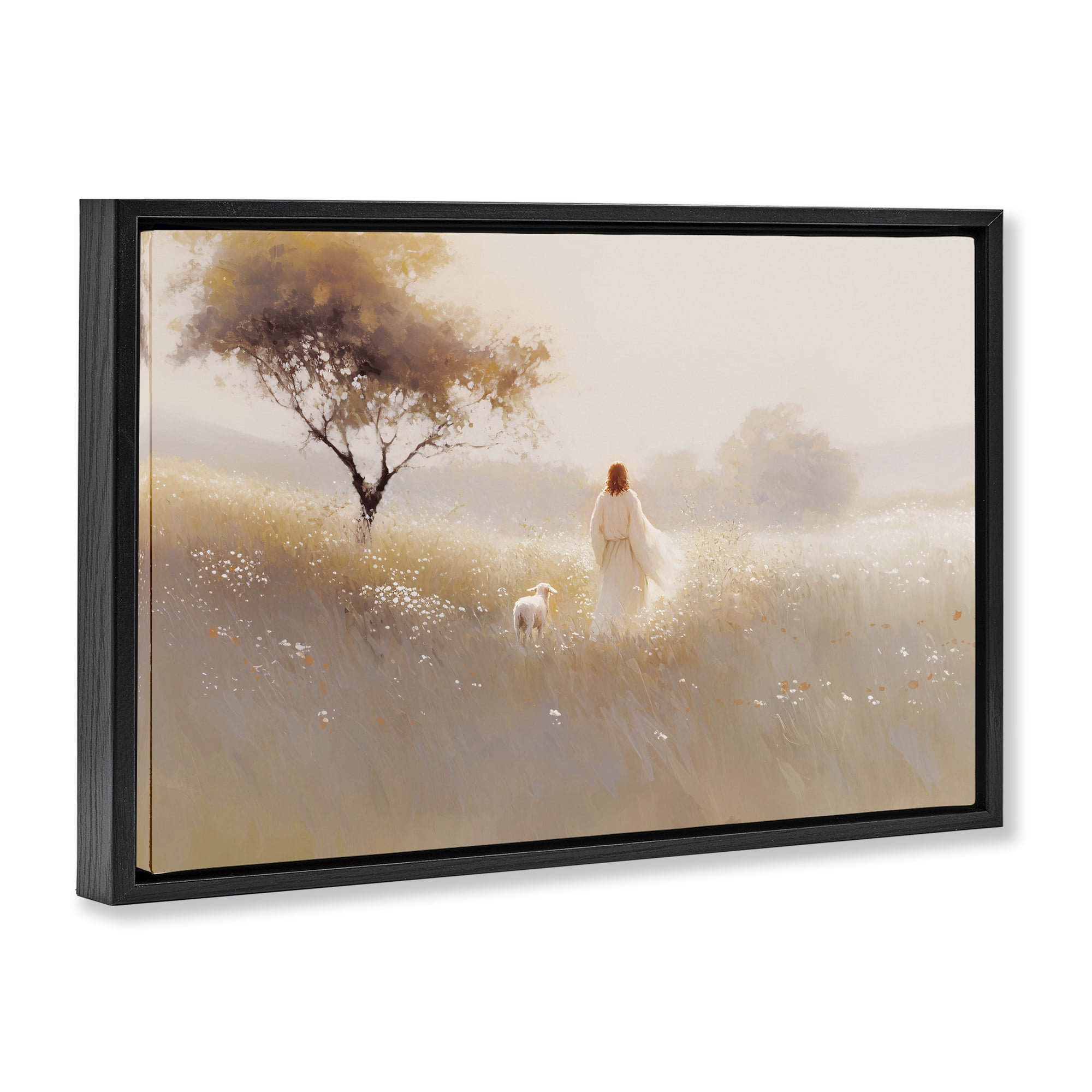 Stupell Industries Spiritual Shepherd & Lamb Black Framed Floater Canvas Wall Art, design by Jacky Ngan