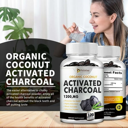 Activated Charcoal 1200mg - Organic Coconut, Cleanse and Detox Alleviate Gas - 120 Capsules