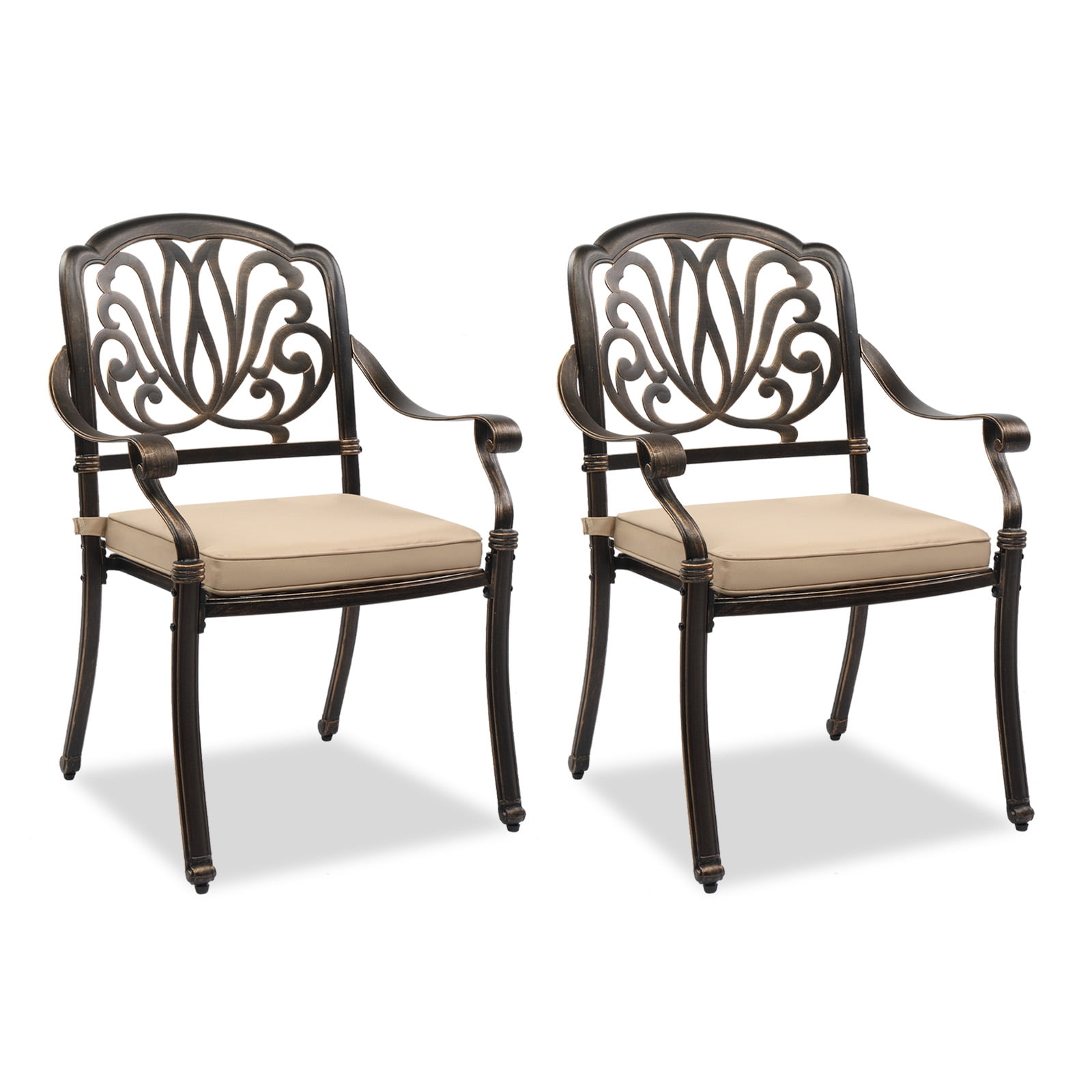 OvePatio Dining Chairs Set of 2 for Patio, Dining Room, Lawn, Yard, Deck, Aluminum Chairs w Cushion, Bronze