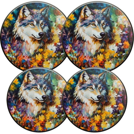 

Electric Stove Burner Covers 4 Pcs Round Gas Burner Cover 8 and 10 Inch Impressionist - style Wolf Surrounded by Flowers