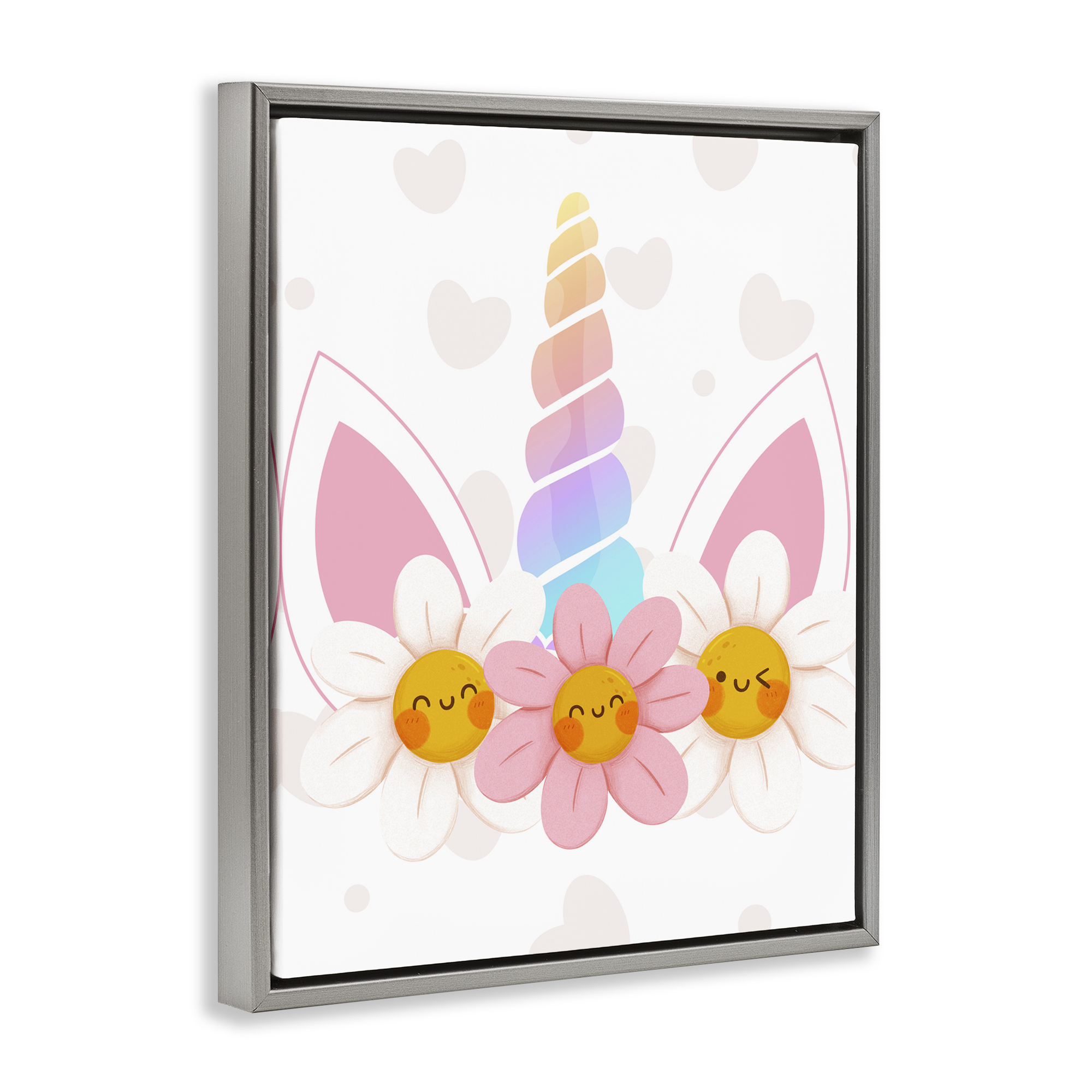 Daisy Unicorn with Hearts Gray Framed Floater Canvas Wall Art, design by Jesse Keith