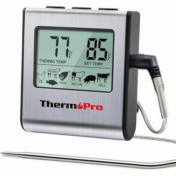 ZLC TP16 Large LCD Digital Cooking Food Meat Thermometer for Smoker Oven Kitchen BBQ Grill Thermometer Clock Timer with Stainless Steel Temperature Probe