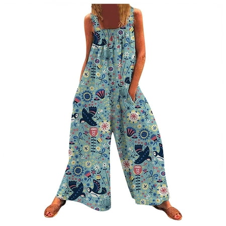 

Dyegold Jumpsuits for Women Casual Womens One Piece Jumpsuit Straight Wide Leg Stretchy Bib Bohemian Butterfly Floral Print Sleeveless Rompers Overalls