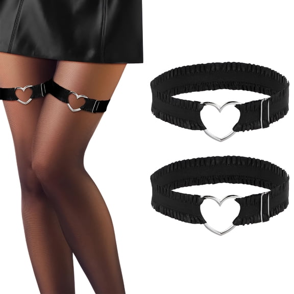 TELOLY 2Pcs Adjustable Heart Lace Thigh Garter Belts for Women, Heart Garter, Non-Slip Elastic Leg Garters (11.8-23.6In), Strap for Weddings, Cosplay, Parties