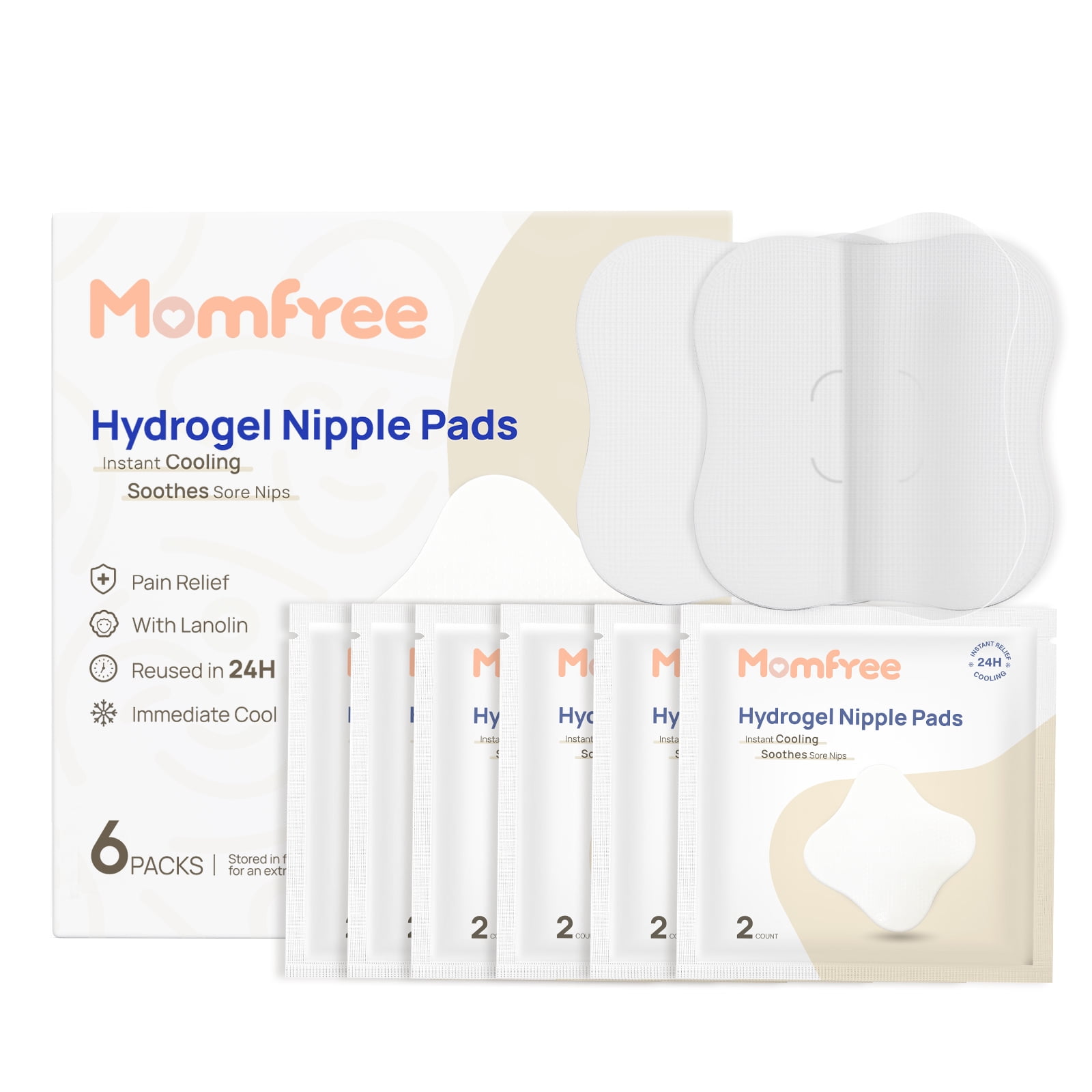 Momfree Hydrogel Nipple Pads for Breastfeeding, Instant Cooling Relief, 12 Count (6 Packs), Reusable Nipple Gel Pads for Sore Nipples