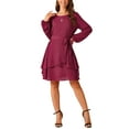 thumbnail image 2 of INSPIRE CHIC Women's Fall Dresses Round Neck Long Sleeve Waist Tie Ruffle Mini Swing Skater Dress S Wine Red, 2 of 5