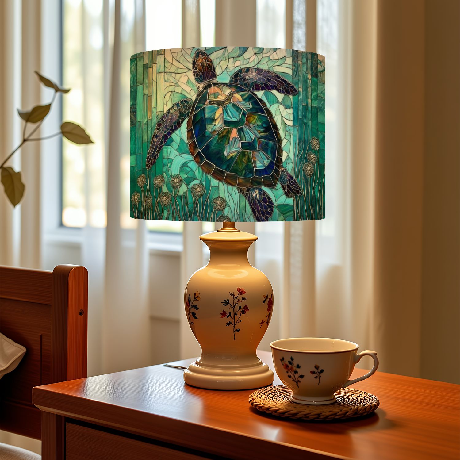 Linen Drum Lampshades Graceful Teal Stained Glass Sea Turtle Illustrated Anemones 13"x13"x10" Light Shade for Table Lamps Floor Lamps Drum Lamp Shades Lampshade Replacement Assembly Required