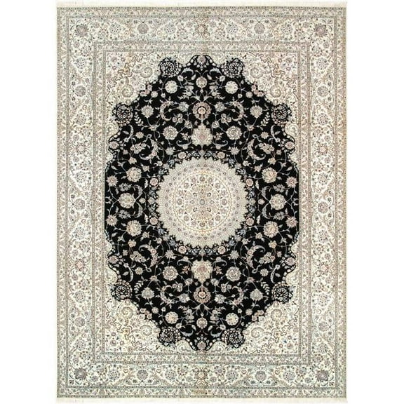 Pasargad Home 101" x 138" Hand-Knotted Silk & Wool Area Rug in Black/Ivory