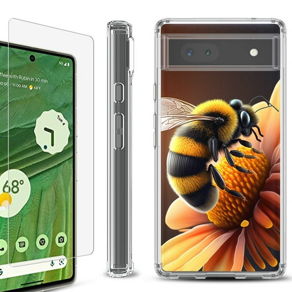 Shockproof Bumper Phone Case for Google Pixel 6a, with Tempered Glass Screen Protector, by OneToughShield - Bee