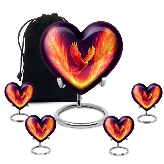 MUKTIVE Phoenix Cremation Burial Urn for Adult Human Ashes for Men & Women, Memorial Blue Keepsake Heart Urn for Adult Male & Female Funeral, Large Unique Urns for Ashes (1 Large, 4 Keepsake)