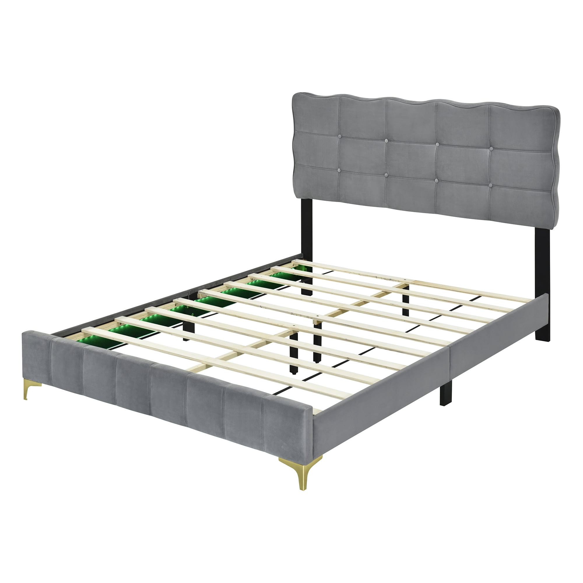 Miniyam Velvet Upholstered Platform Bed, Queen Size LED Bed Frame with Button Tufted Design Headboard and Solid Wood Slat Support, Gray