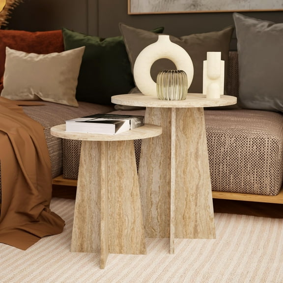 Ultimate Premium Products Modern Nesting Table Set with Wooden Round Side Table Travertine Finish End Table