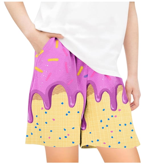 Generic Girls Ice Cream Print Beach Shorts Loose Elastic Waist Athletic Summer Travel Short Pants with Pockets for 5-14 Years