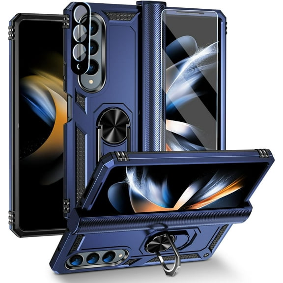 [4 in 1 Hinge Protection for Samsung Galaxy Z Fold 4 5G Case with Tempered Glass Screen Protector & Camera Lens Protector & Kickstand，[Military-Grade] Samsung Z Fold 4 Phone Case (Blue)