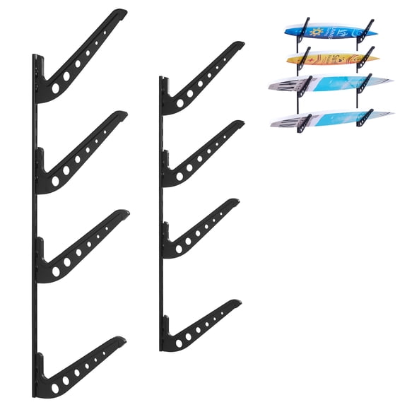 VEVOR Surfboard Wall Mount, 4 Tiers Horizontal Surfboard Rack for Storage and Display, Adjustable Height Metal Board Stand Organizer, Surf Board Holder for Snowboards, Kiteboards, Shortboard, Skis