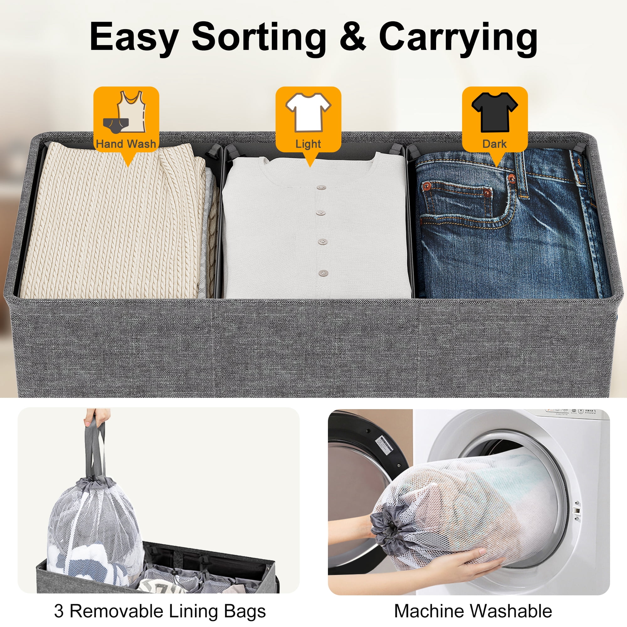 BGTREND Large Laundry Basket with Lid, 180L 3 Section Laundry Hamper with Mesh Lining Bags, Foldable Clothes Hamper for Bathroom Bedroom Closet, Adult, Dark Gray