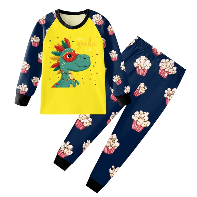 Caqnni Children's All-Day Play Set 2 Piece Soft Cotton Outfit with Long Sleeves, Suitable for Spring Summer Fall, Vibrant Patterns(Yellow,5-6 Years)