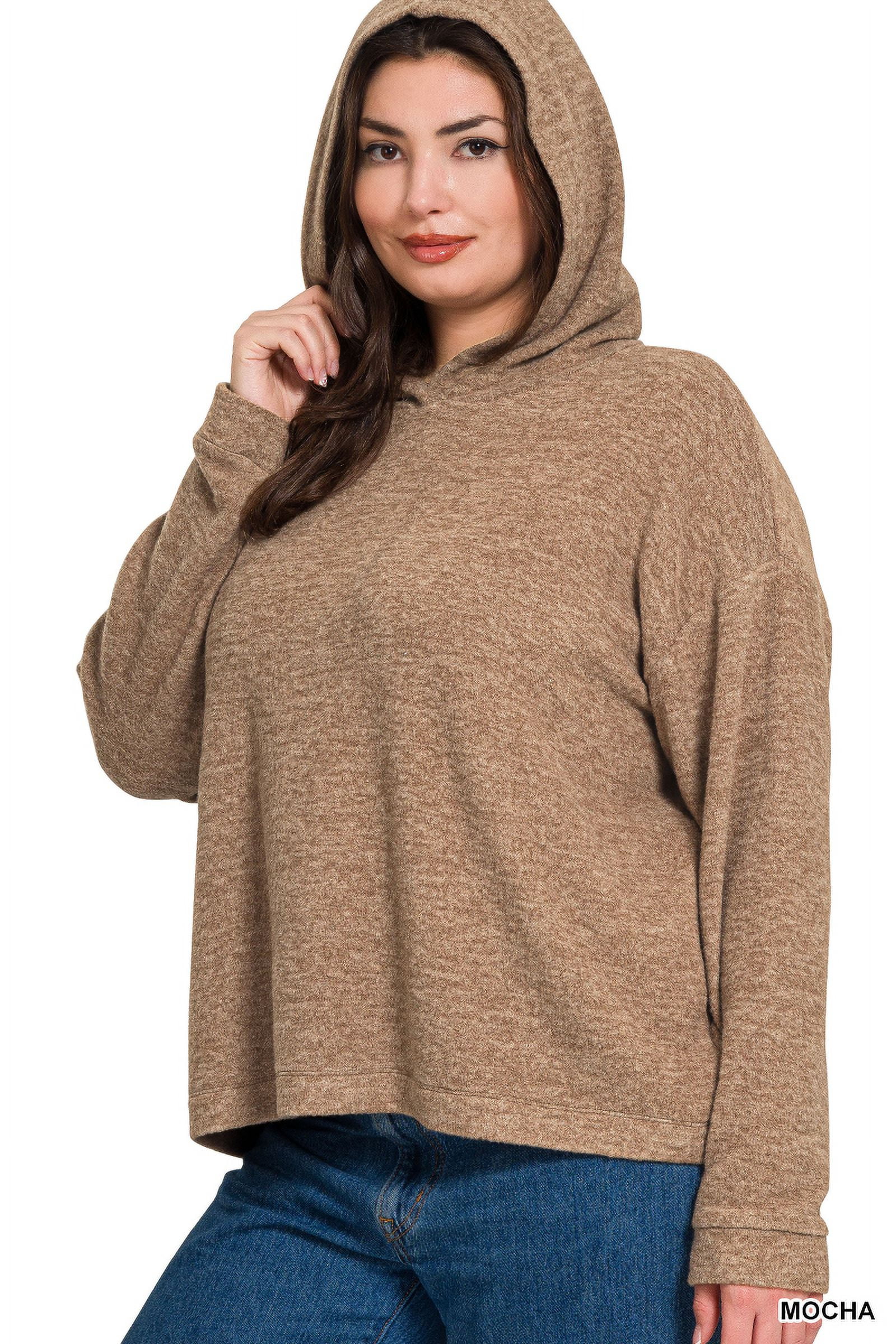 Zenana Women's Plus Size Casual Hooded Brushed Melange Hacci Relaxed Fit Light Sweater