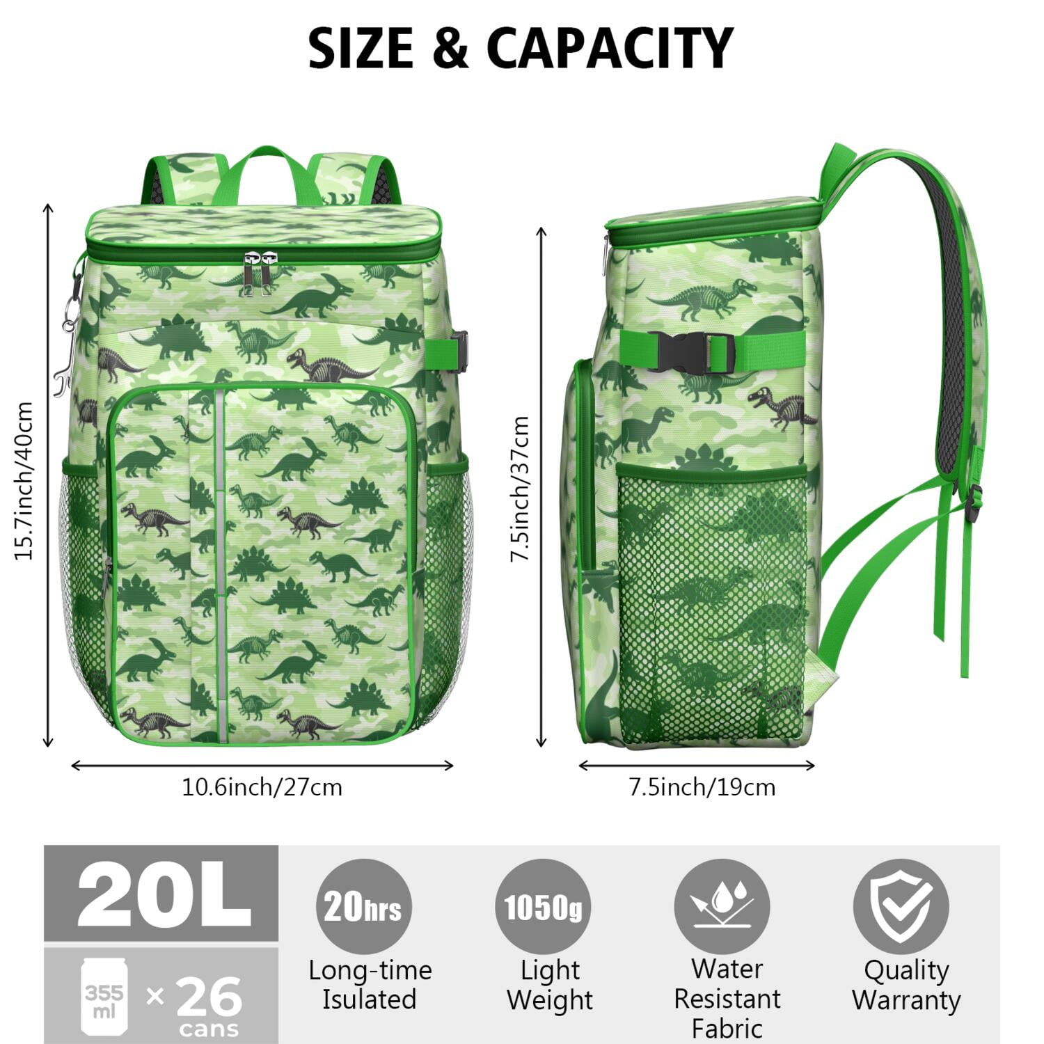 Travel Cooler Bag - Green Cartoon Dinosaurs Camouflage Pattern Camping Beer Cooler Backpack with Bottle Opener- Waterproof Insulated Picnic Backpacks - Cooler Bag for Beach