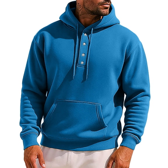 GuangCheng Mens Henley Hoodies,Solid Color,Casual,Pullover,Sweatshirts with Front Pocket and Drawstring Hooded,Blue,2XL