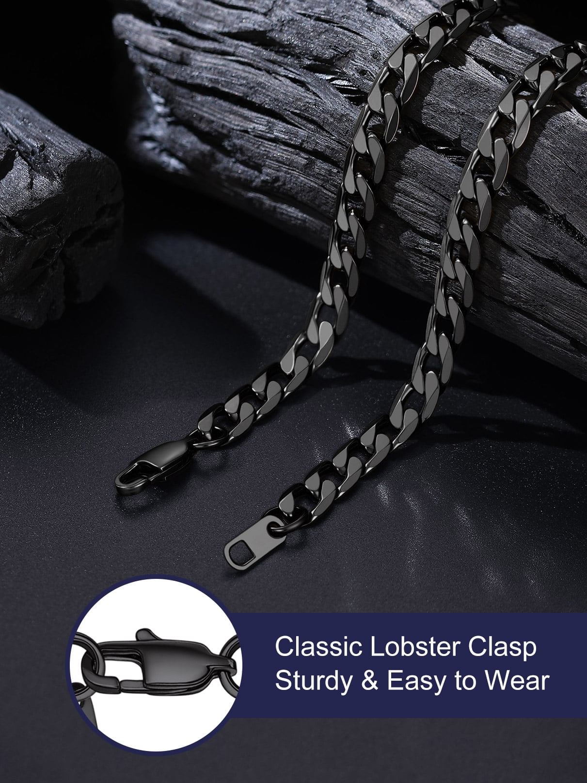 Bandmax 6MM Black Cuban Link Chain Necklace for Men Women Stainless Steel Flat Curb Chain 20 Inches Rapper Mens Jewelry Birthday Father Day Gift for Dad Son Husband Grandpa
