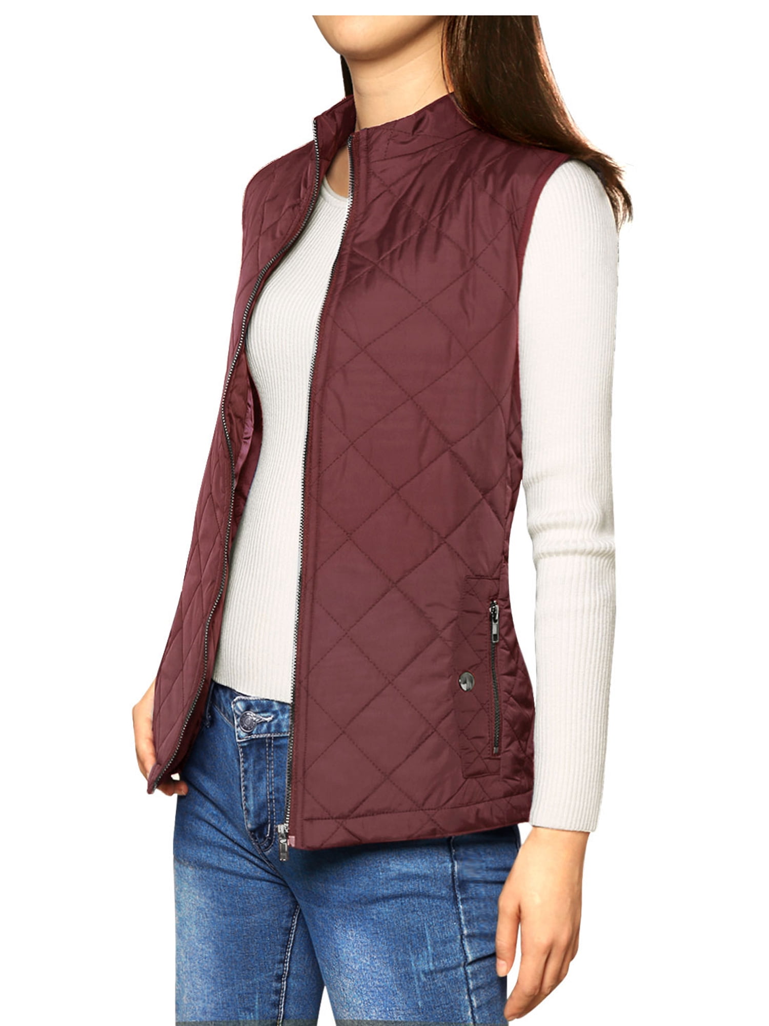 DARING DIVA Women's Zip Stand Collar Quilted Padded Vest XS Wine Red