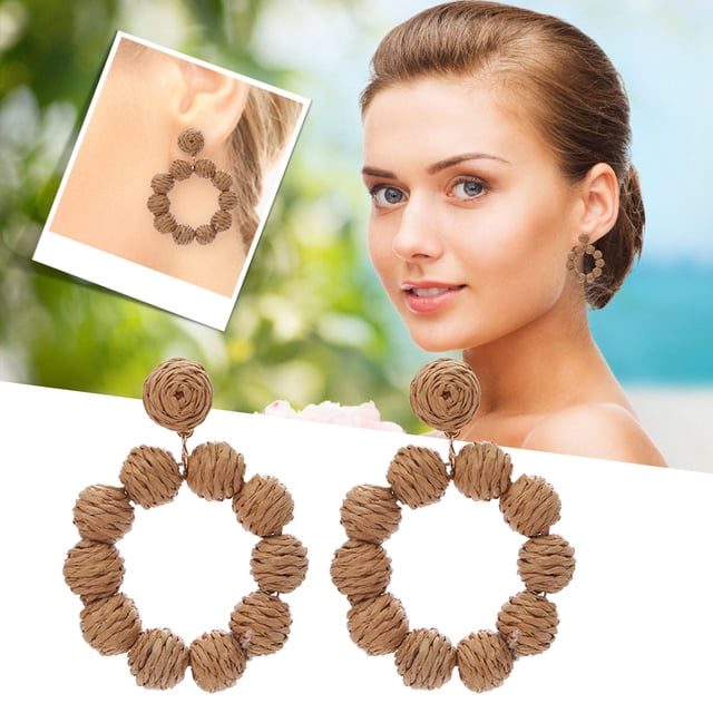 Handmade Rattan Pendant Drop Earrings for Women Bohemian Braided Straw Raffia Dangle Jewelry Summer Beach Style Accessories