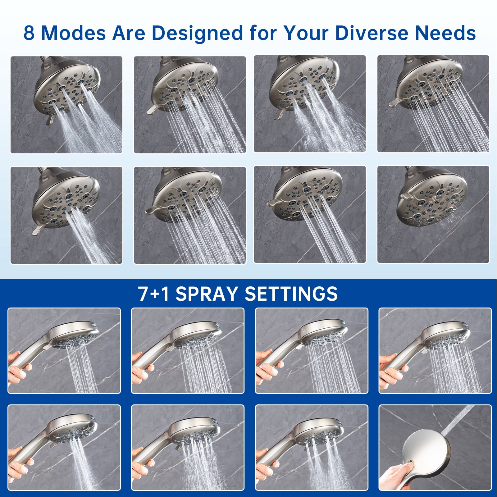 Joyrain Multi-angle adjustable showerhead& Handheld High-pressure 8 Spray Modes Shower Head, Rain Shower Combination with Multifunctional Adjustable Extension Arm