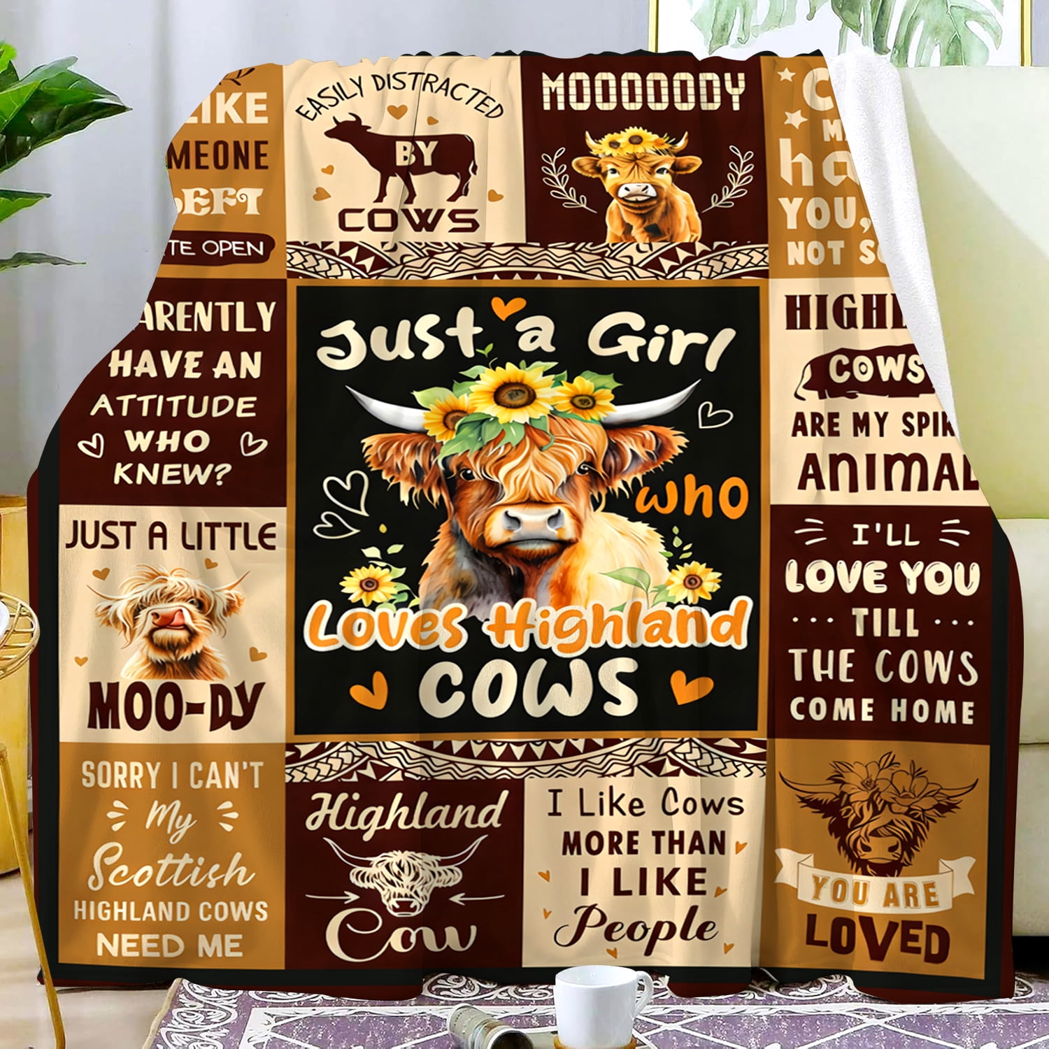 Highland Cow Gifts for Women Just A Girl Who Loves Highland Cows Throw Blanket Stuff Animal Plush Cows Blanket Gifts for Adults Women Men Animal Lovers Birthday Party Decorations 50"X40"