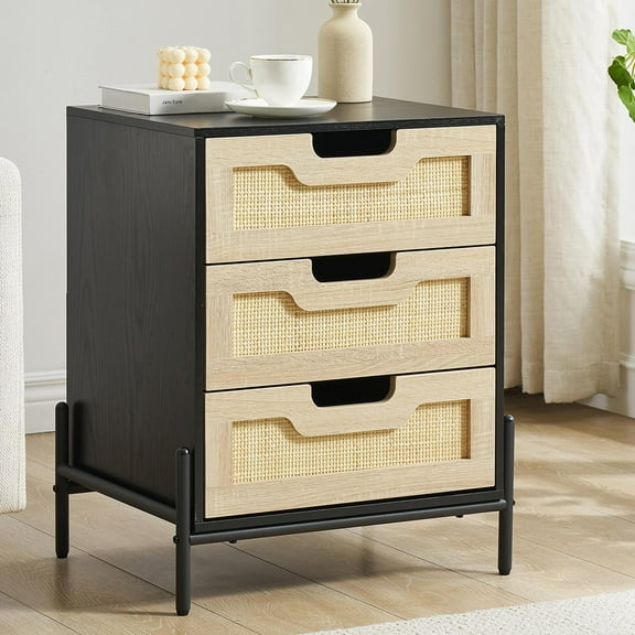 TROPOW Nightstands,with Rattan Drawer, Bedside Table with 3 Natural Rattan Drawers, 25.2 Inch Bedside End Table for Bedroom, Boho Style Strong Wooden Structure, Side Table for Bedroom, Living Room