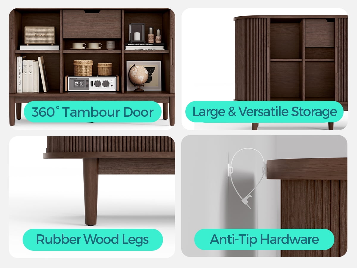 LINSY HOME Fluted Pantry Storage Cabinet, Kitchen Cabinets with Sliding Tambour Door, Wide Storage Cabinet with Removable & Adjustable Shelves for Dining Room, Living Room, Bathroom, Walnut