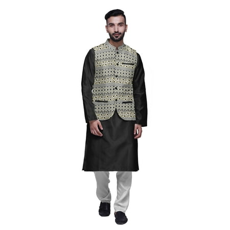 

Atasi Mandarin Collar Traditional Solid Kurta Pajama With Printed Jacket Set